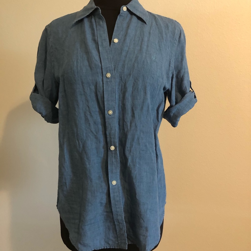 Ralph Lauren Blouse Blue 100% Linen Size Small